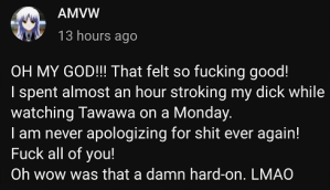 A Youtube Community Page post by Bowser, after changing his Youtube channel handle to "AMVW". The text reads, "OH MY GOD!!! That felt so fucking good! I spent almost an hour stroking my dick while watching Tawawa on a Monday. I am never apologizing for shit ever again! Fuck all of you! Oh wow was that a damn hard-on. LMAO"